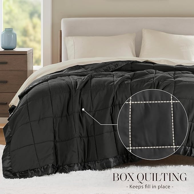 Madison Park Down Alternative Queen Blanket for Bed, Satin Trim, Black | Lightweight Windom Blanket Full Size Premium 3M Scotchgard Moisture Wicking Treatment, OEKO TEX, Soft Bed Cover, All Season