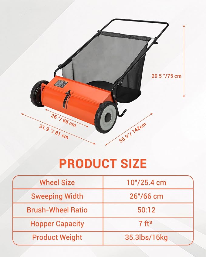 26-Inch Extra-Wide Push Lawn Sweeper with 4-Brush System,7 Cu.ft. Heavy-Duty Mesh Bag Collector, Height-Adjustable Manual Push Sweeper for Leaves, Grass Clippings & Yard Debris, Durable Steel Frame