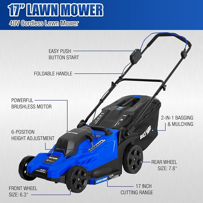 BILT HARD 40V Electric Cordless 17" Lawn Mower, 12" Trimmer & Leaf Blower Combo – 3x5.0Ah Batteries (2x20V), Dual Charger, 6-Position Cutting Height, 50L Bag
