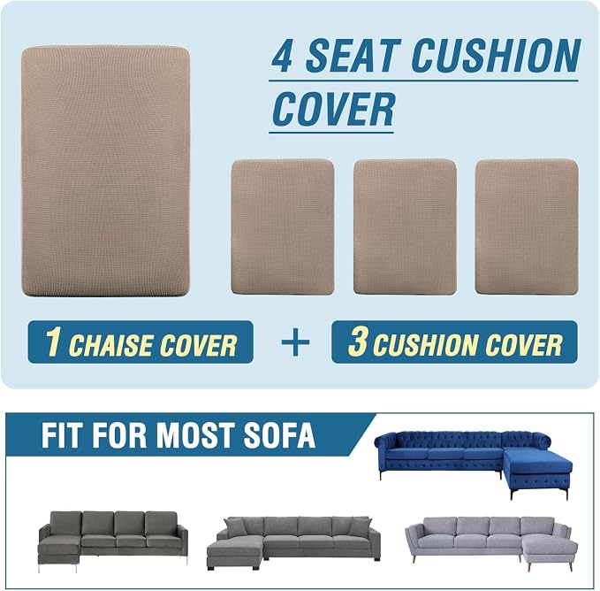 H.VERSAILTEX Sectional Couch Covers 4 Pieces Sofa Seat Cushion Covers L Shape Separate Cushion Couch Chaise Cover for Both Left/Right Sectional Couch (Seat Only: 1 Chaise + 3 Sofa, Sand)
