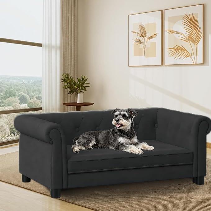 Dog Sofa for Small & Medium Dogs | Removable & Washable | No Assembly Required | Breathable Linen Fabric | Soft Foam |Floor-friendly sofa legs |Black