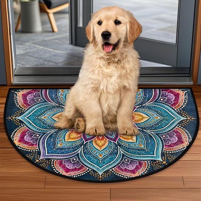 Mandala Half Round Door Mat Semi Moon Rug Fireplace Carpet Area Rugs | Color Art Non Slip Absorbent Half Circle Mat Carpet for Indoor Outdoor Patio Kitchen Bathroom Entryway Home Decor