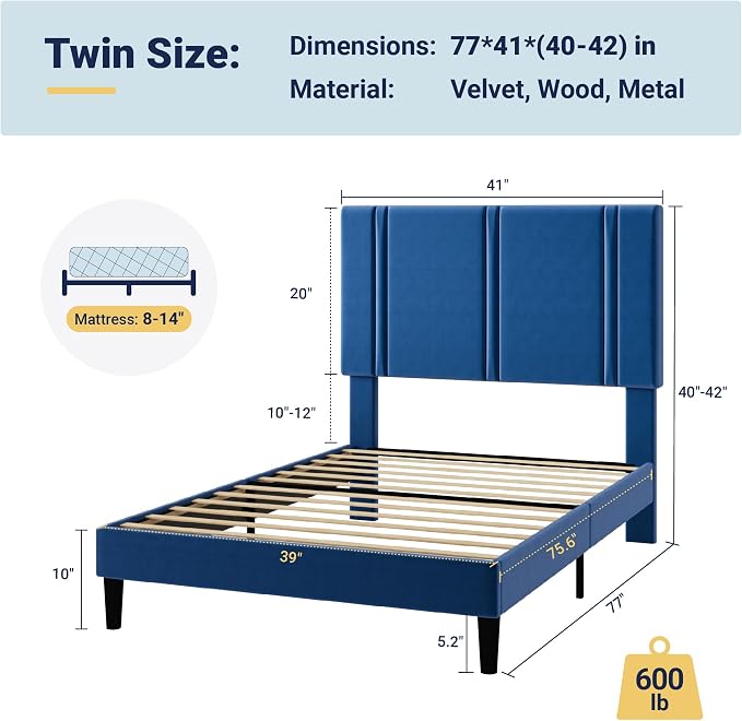 Allewie Twin Size Platform Bed Frame with Adjustable Headboard | Plush Velvet Upholstered, Vertical Channel Tufted, Sturdy Wood Slats, No Box Spring Needed, Easy Assembly, Blue