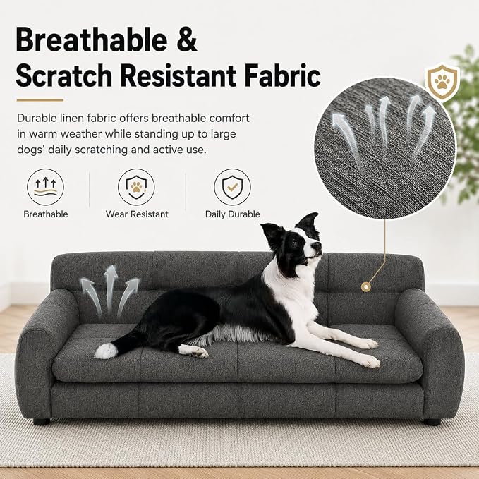 51"×28" Large Dog Sofa, for Large & Extra Large Dogs | Detachable Cushion | Reinforced Low Base|Non-Sagging |Linen Fabric | Soft Cushion | Armrest & Backrest | Dark Gray