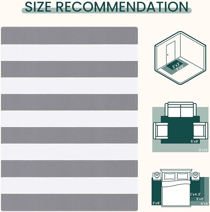 KOZYFLY Striped Rug 2.3x3.6 ft Front Door Rugs Gray White Cotton Woven Washable Indoor Outdoor Rug for Entryway Porch Kitchen Patio Decor Striped Layered Doormats