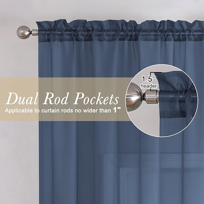 Lecloud Navy Blue Sheer Valances for Windows 18 Inch Length 2 Pcs, Cafe Kitchen Curtains for Bedroom Living Room, Short Curtains for Small Windows with Dual Rod Pocket Home Decor, 42" W x 18" L