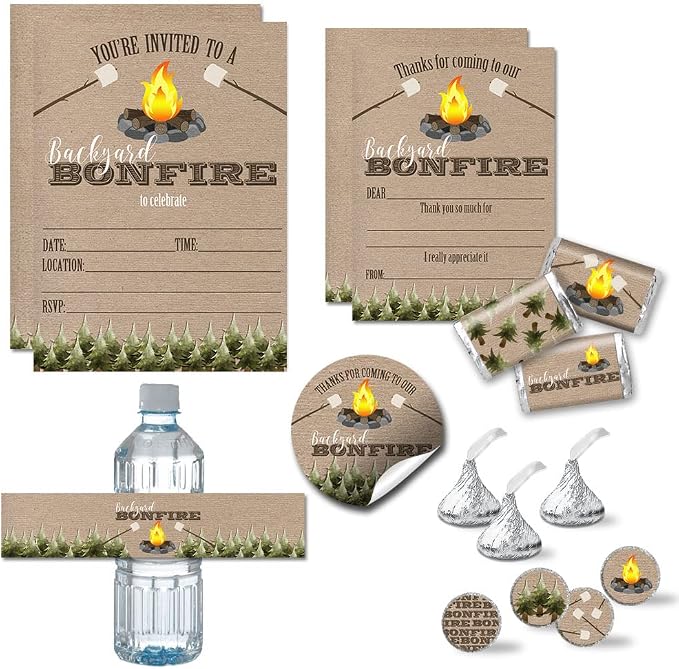 Backyard Bonfire Birthday Party Bundle Includes 20 each of Invitations & Thank You Cards with Envelopes + 2 Different Sizes of Stickers, Mini Candy Bar Wrappers, & Water Bottle Labels!