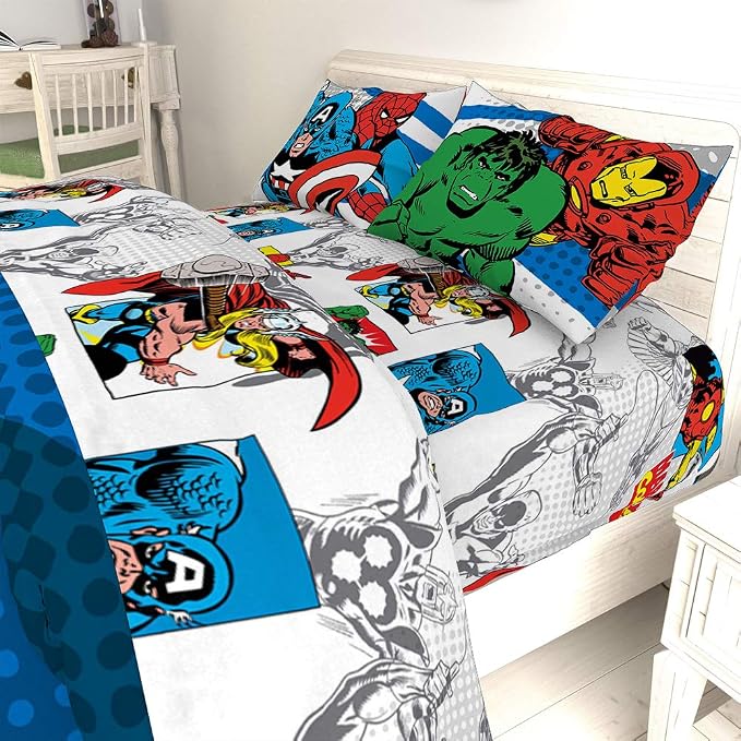 Jay Franco Kids Sheet Set with Fitted, Flat Sheets & Pillow Cover - Ultra-Soft Bedding with Pillowcase for Room Decor, White - Avengers, 4 Piece Full