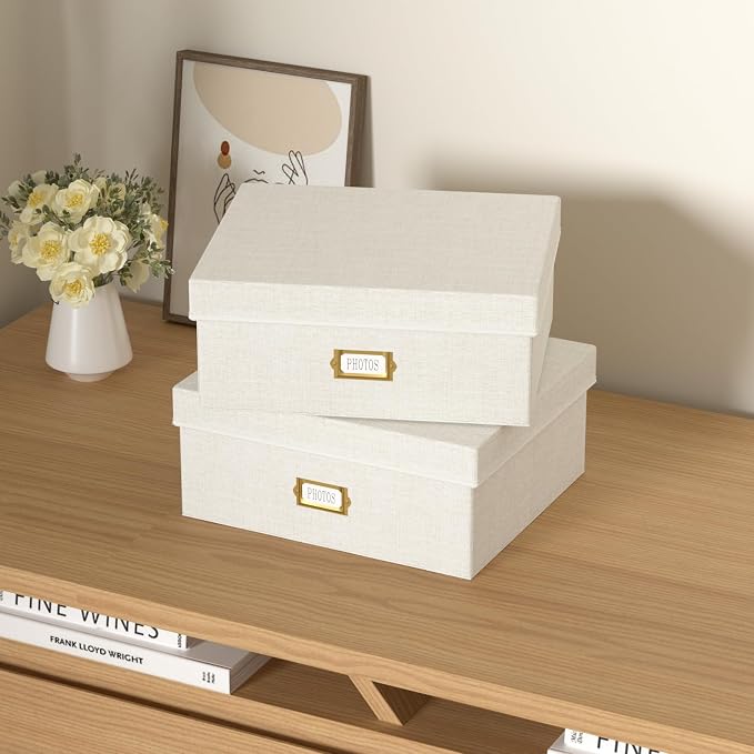 Decorative Photo Storage Box, 2 Pack Linen Photo Box Hold 1700 4x6 Pictures | Photo Storage Containers with 8 Dividers, Memory Keepsake Organizer for Photos, Scrapbook Supplies, Cards, Stamps, Beige
