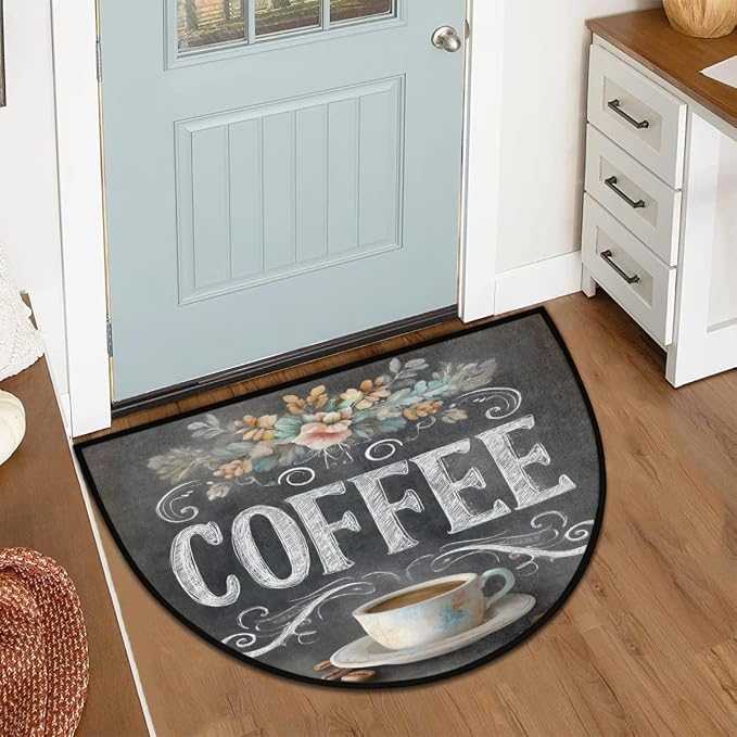 Pardick Half Round Door Mat Vintage Coffee Flower Anti-Slip Semi Circle Rug 24X36 Indoor Door Mat Half Moon Bath Mats, Washable Decorative Welcome Floor Mats for Kitchen Bathroom Hearth Fireplace,Q-4