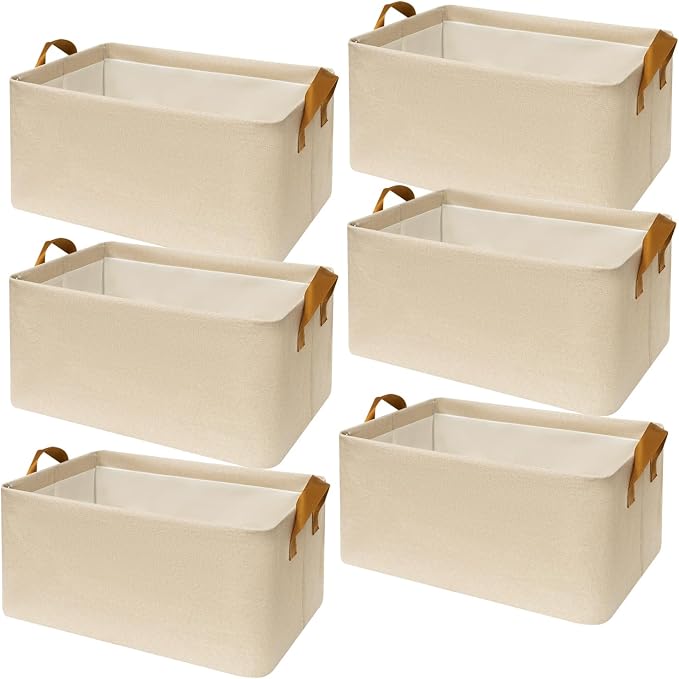 6 Pack Closet Cloth Storage Bins with Handles (Beige 15''L x 10''W x 8''H)