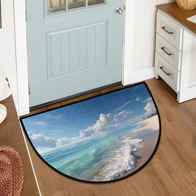 Beach Summer Half Round Door Mat Non-Slip Semi Circle Rug Half Moon Doormat | Seaside Beach Summer Soft Washable Welcome Entrance Mat for Outdoor Indoor Floor Bedroom Bathroom Home Kitchen Festival Decor