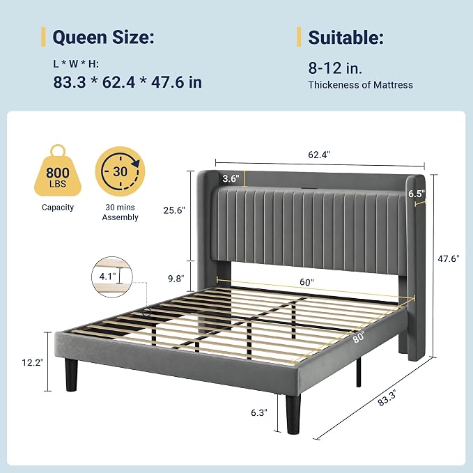 Allewie Queen Size Platform Bed Frame with USB Charging Station and Storage Shelf/Upholstered Velvet Wingback Headboard/Wooden Slats Support/No Box Spring Needed/Easy Assembly, Grey