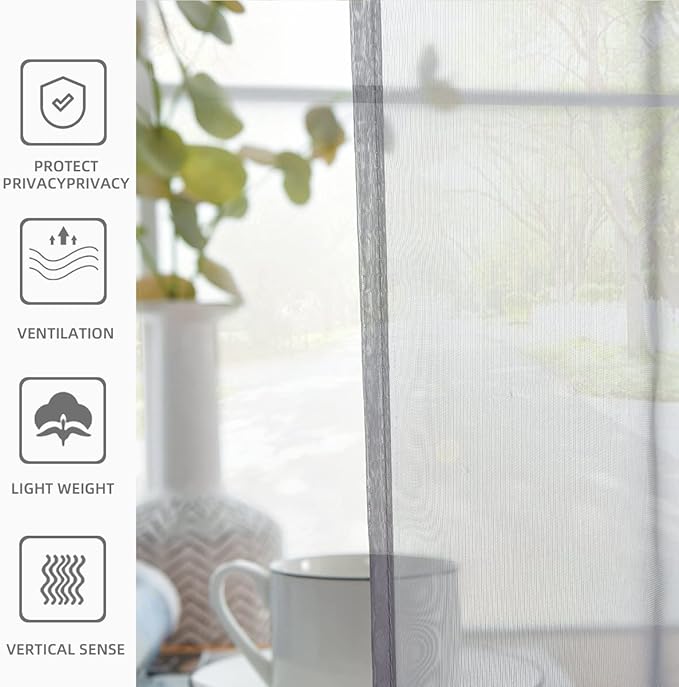 youleyar Solid Sheer Rod Pocket Curtain Voile Draperies 2 Panels White Beige - Image 5