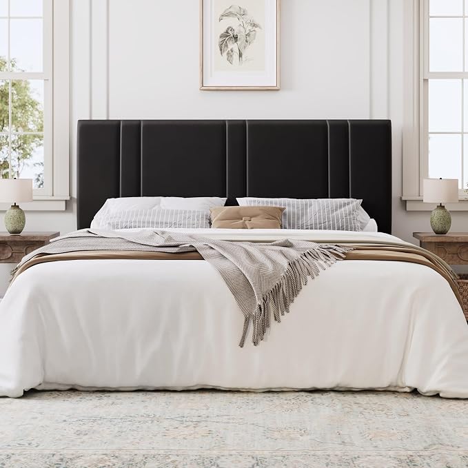 SHA CERLIN California King Bed Frame, Velvet Upholstered Bed with Adjustable Headboard, Vertical Channel Tufted Design, Sturdy Wood Slat Support, No Box Spring Needed, Easy Assembly, Black