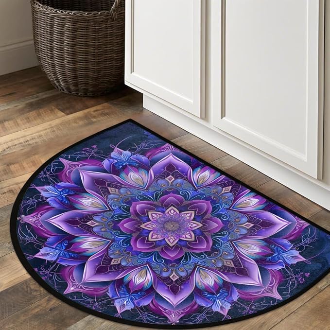 Pardick Purple Mandala Half Round Doormat Semi Circle Rug Non Slip Indoor Outdoor Entrance Half Moon Rug Absorbent Durable Washable Front Floor Mat for Kitchen Bathroom Patio Fireplace
