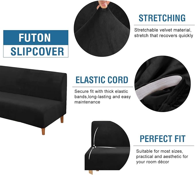 H.VERSAILTEX Velvet Futon Cover Armless Sofa Covers Sofa Bed Covers Stretch Futon Couch Cover Sofa Slipcover Furniture Protector Thick Soft Form Fitted Stay in Place, Black