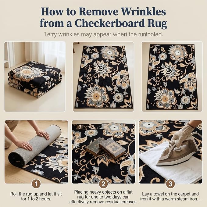 Floral Washable Entry Rug 2x3, Water Resistant Non Slip Ultra Thin Vintage Doormat, Throw Stain Resistant Small Kitchen Rug Indoor, Black Print Boho Cute Carpet, for Bedroom, Entryway, Laundry Room