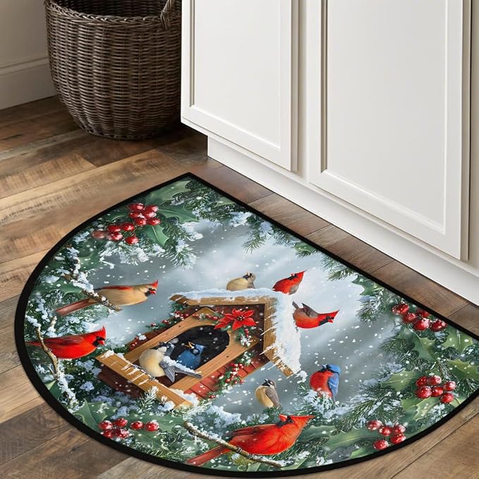 Christmas Xmas Half Round Door Mat Christmas Xmas Cardinal Winter Half Moon Rug Washable Half Circle Area Rugs Indoor Entrance Non Slip Semi Circle Rugs Floor Carpet Kithen Bedroom Decorate Gift
