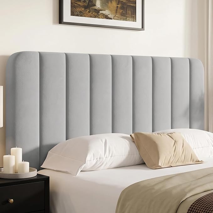 VECELO Full Size Bed Frame with Upholstered Headboard, Velvet Platform Bedframe Mattress Foundation, Strong Wood Slat Support, No Box Spring Needed,Light Grey