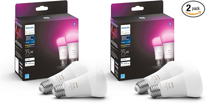 Philips Hue Smart 75W A19 LED Bulb - White and Color Ambiance Color-Changing Light - 4 Pack - 1100LM - E26 - Indoor - Control with Hue App - Compatible with Alexa, Google Assistant and Apple Homekit
