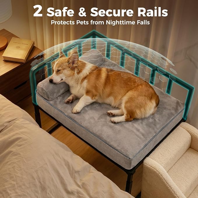 Bedside Dog Bed, Height Adjustable Elevated Co-Sleeper for Small Medium Dogs, Fits Low to High Beds (17-28in), Heavy-Duty Metal Bunk Bed Frame with Safety Side Rails & Washable Cushion