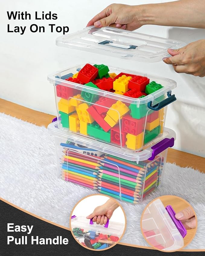 7Qt Clear Storage Bins with Lids,6-Pack Stackable Storage Containers | With Buckle Latches.Perfect for LEGO, Crafts, Office Supplies, and Dorm Room Organization, Clear