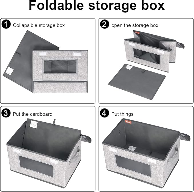 Univivi [4-Pack Fabric Storage Boxes Collapsible Storage Bins with Lids and Handles Cube Organizer Basket for Home, Closet, Bedroom (Gray, 14.4''x10''x8.3'')