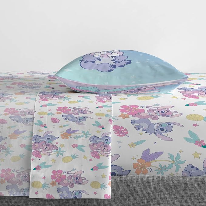Jay Franco Kids Sheet Cartoon Set with Fitted, Flat Sheets & Pillow Cover - Ultra-Soft Bedding with Pillowcase for Room Decor, White - Lilo & Stitch 01, 3 Piece Twin