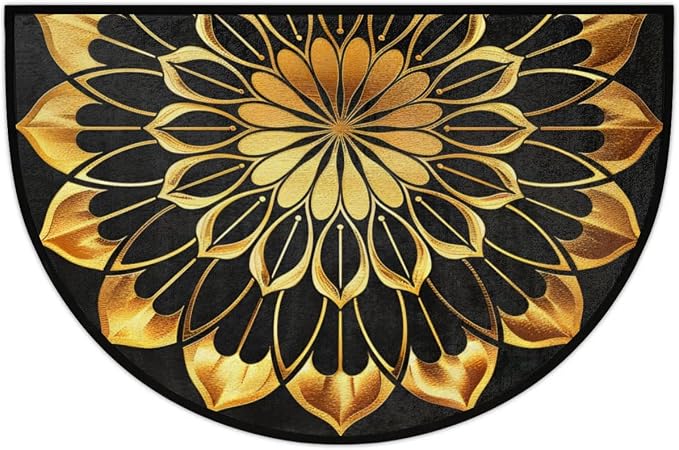 Mandala Golden Half Round Door Mat Semi Moon Rug Fireplace Carpet Area Rugs | Mandala Golden Non Slip Absorbent Half Circle Mat Carpet for Indoor Outdoor Patio Kitchen Bathroom Entryway Home Decor