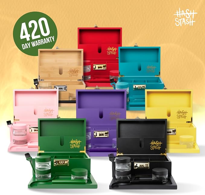HASHSTASH The OG Storage Box - Large Bamboo Box with Combination Lock, Magnetic Lid, Organizer Tray, Airtight Tube and 3 Jars - Discreet Decorative Locking Wooden Box with Accessories (Yellow/Gold)