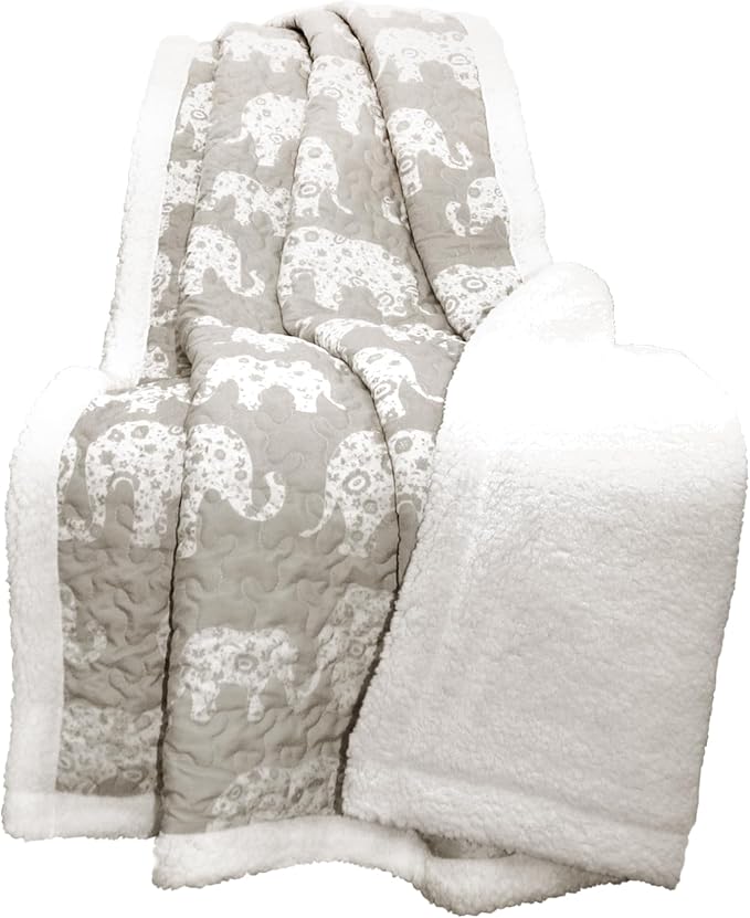 Lush Decor Elephant Parade Sherpa Throw Blanket 50" W x 60" L, Soft Gray - Elephant Blanket for Kids - Plush Throw Blankets for Bed - Couch Blankets