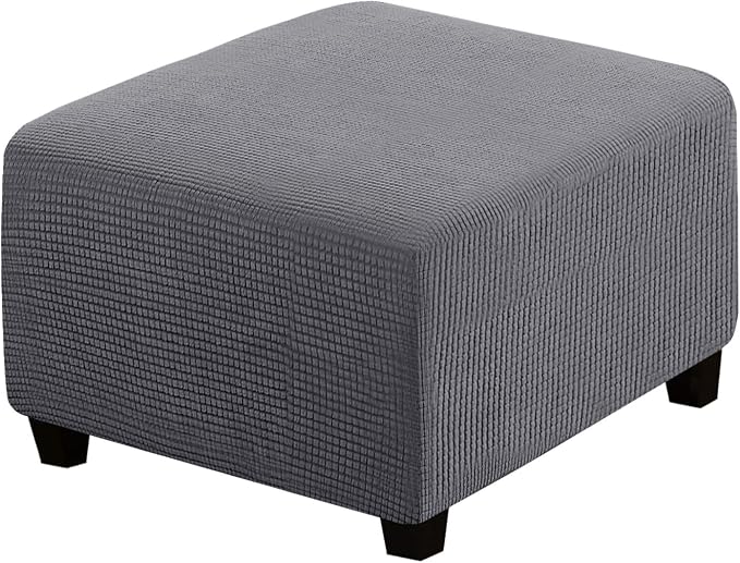H.VERSAILTEX Square Ottoman Covers Ottoman Slipcovers Folding Storage Stool Furniture Protector Form Fit with Elastic Bottom, Stretch High Spandex Small Checks Jacquard Fabric(Large,Grey)