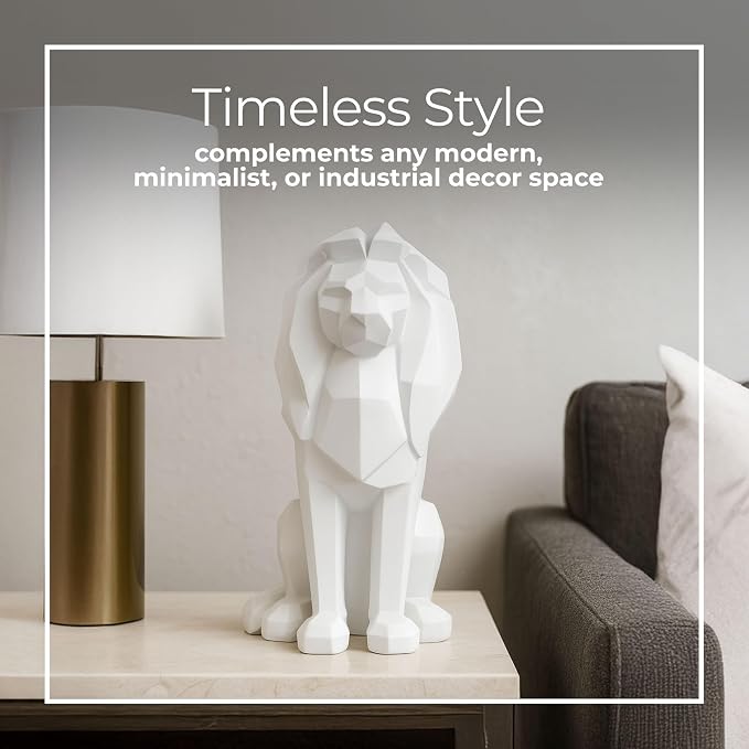Sitting Lion Decorative Figurine – Tall Polyresin Decor Sculpture Accent – Geometric Figurines & Sculptures Home Decor for Office, Bedroom & Living Room – 11", White
