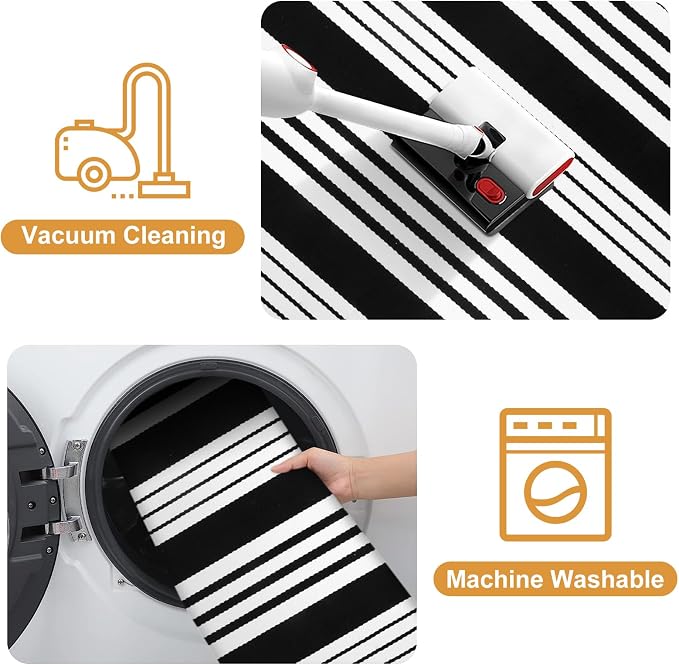 LEEVAN 2.3'X3.6' Black and White Striped Woven Reversible Outdoor Rug | Small Machine Washable Front Porch Rug, Cotton Entryway Door Mat, Indoor Layering Carpet for Farmhouse Bathroom Laundry