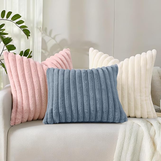 decorUhome Summer Cozy Faux Fur Throw Pillow Covers 18x18 Set of 2 Decorative Soft Plush Striped Modern Farmhouse Boho Couch Pillow Cases with Velvet Back for Sofa Bed Living Room, Pink