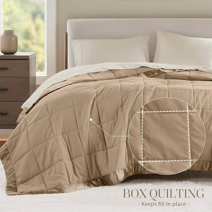 Madison Park Down Alternative Queen Blanket for Bed, Satin Trim, Brown | Lightweight Windom Blanket Full Size Premium 3M Scotchgard Moisture Wicking Treatment, OEKO TEX, Soft Bed Cover, All Season