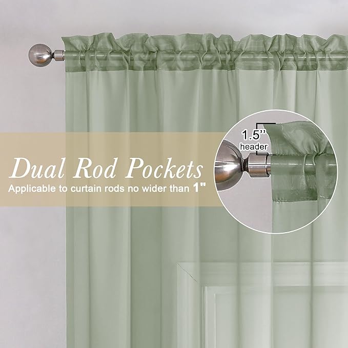 Lecloud Sage Green Sheer Curtains 108 Inches Long 2 Panels, Extra Wide Airy - Image 4