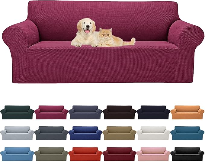 Cupuamon 2026 New Stretch Sofa Slipcovers Couch Cover for 3 Cushion Furniture Protector Sofa Covers with Elastic Bottom Jacquard Fabric Small Checks for Pets, Kids -Sofa, Wine