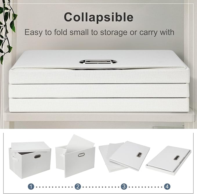 Graciadeco Large 17" 36 Quart Collapsible Stackable Storage Bins with Lids, 1 Pack White Foldable Fabric Closet Storage Boxes with Lids, 4 Handles Heavy-duty Linen Cube Baskets for Bedroom | 36 Quart 1 Pack White Collapsible Stackable Linen Fabric 4 Ha...
