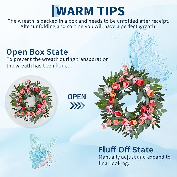 Garvee Spring Wreaths for Front Door, 20 Inch Tulip Wreath | with Colorful Blooms, Eucalyptus Leaves and Butterflies, for Summer Indoor Outdoor Farmhouse Porch Wall Wedding Decor