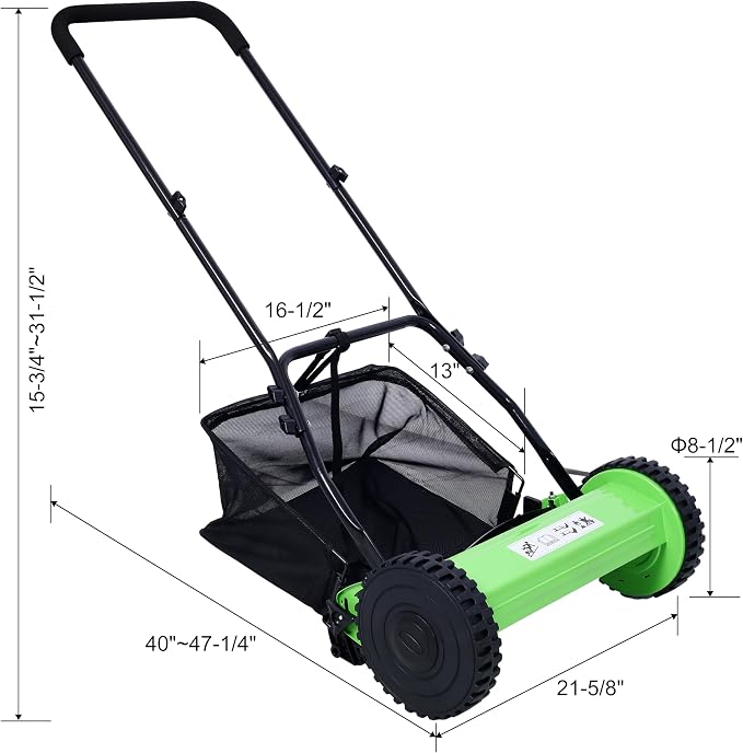 KEIKI 16-Inch Manual Lawn Mower, Push Reel Mowers w/Grass Catcher & Adjustable Cutting Height, 2-Wheels Small Lawnmower with 5 Steel Blades for Graden, Spaces Saving & Easy Assembly, Green