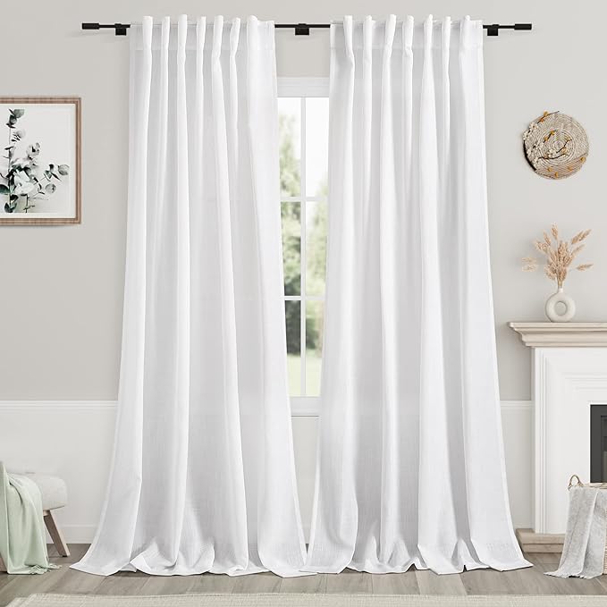 Nanspring White Extra Long Curtains 2 Panels Set 111 Inches Long for Dinning Room Back Tab Rod Pocket Light Filtering Semi Sheer Drapes Linen Textured Window Curtain for Bedroom 52x111