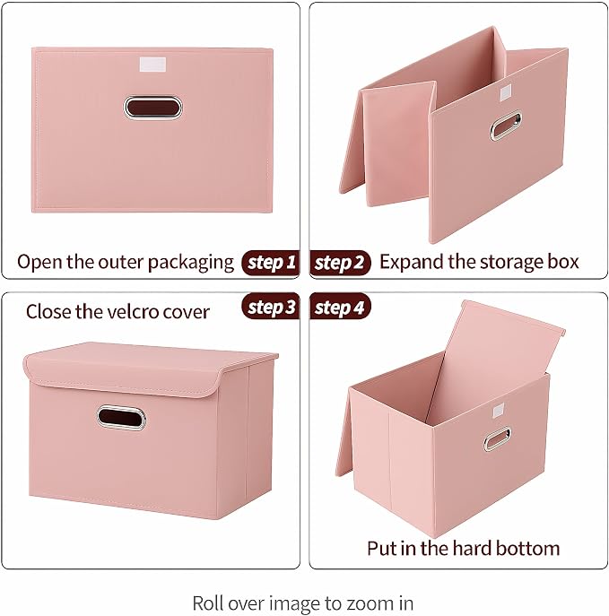 STOREONE Fabric Storage Cube Bins Foldable Organizer Container Collapsible Basket with Lids and Metal Handles, for Home, Bedroom, Closet 3 Pcs (multicolour-pink)