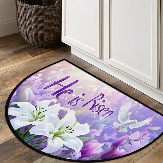 Easter White Lily He is Risen Half Round Door Mat Indoor Entrance Half Circle Area Rug Semi Circular Door Mat Half Moon Rug for Floor Bathroom Living Room Bedroom Kitchen Fireplace 24"x36",A-02