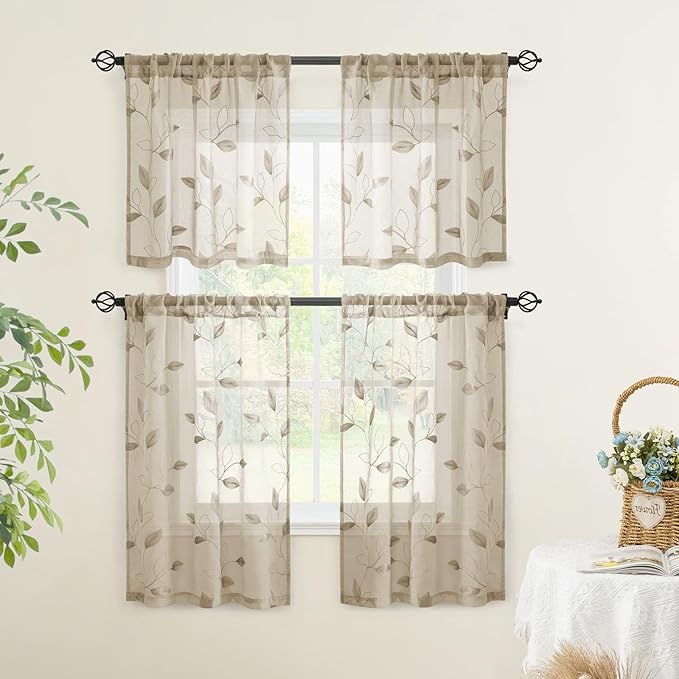 HOMEIDEAS Taupe Sheer Kitchen Curtains 30 X 36 Inch Length 2 Panels Beige - Image 5