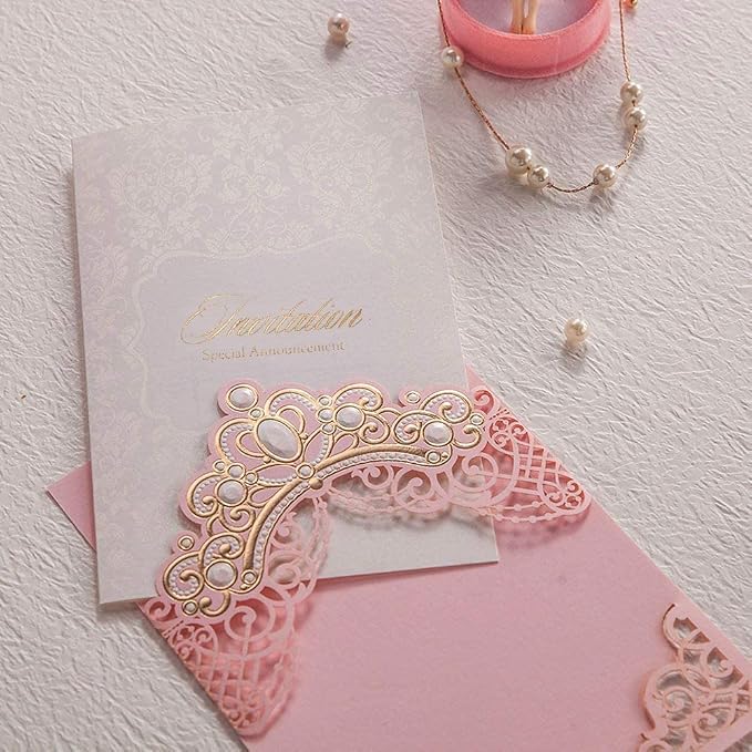 Hosmsua 50PCS Personalized Pink Quinceanera Invitations with Envelopes 5.4x7.3 Inch Laser Cut Floral Gold Crown Pocket Invitation for Quinceanera Birthday Invite