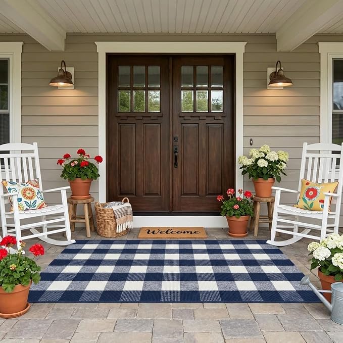 Buffalo Plaid Rug 3' x 5' Navy Blue and White Front Door Mat Reversible Layered Porch Rug Washable Hand Woven Cotton Area Rug for Indoor Outdoor Entryway Patio Porch Decor