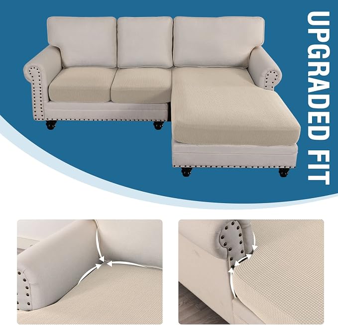 H.VERSAILTEX Sectional Couch Covers 3 Pieces Sofa Seat Cushion Covers L Shape Separate Cushion Couch Chaise Cover for Both Left/Right Sectional Couch (Seat Only: 1 Chaise + 2 Sofa, Natural)