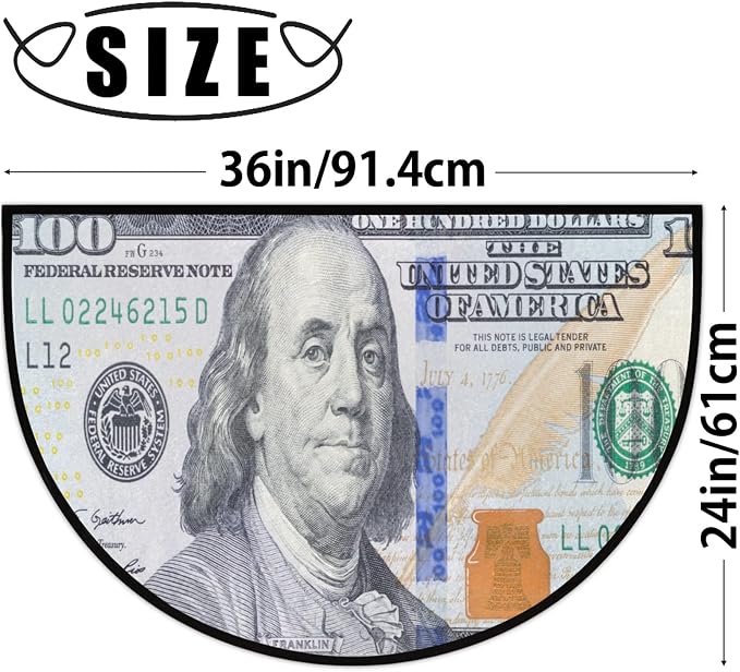 Pardick Money 100 Dollar Bill Half Round Doormat, Non-Slip Half Circle Area Rug, Durable Washable Runner Mat for Living Room Bedroom Indoor Outdoor Kitchen Floor Home Decor Half Moon Rug